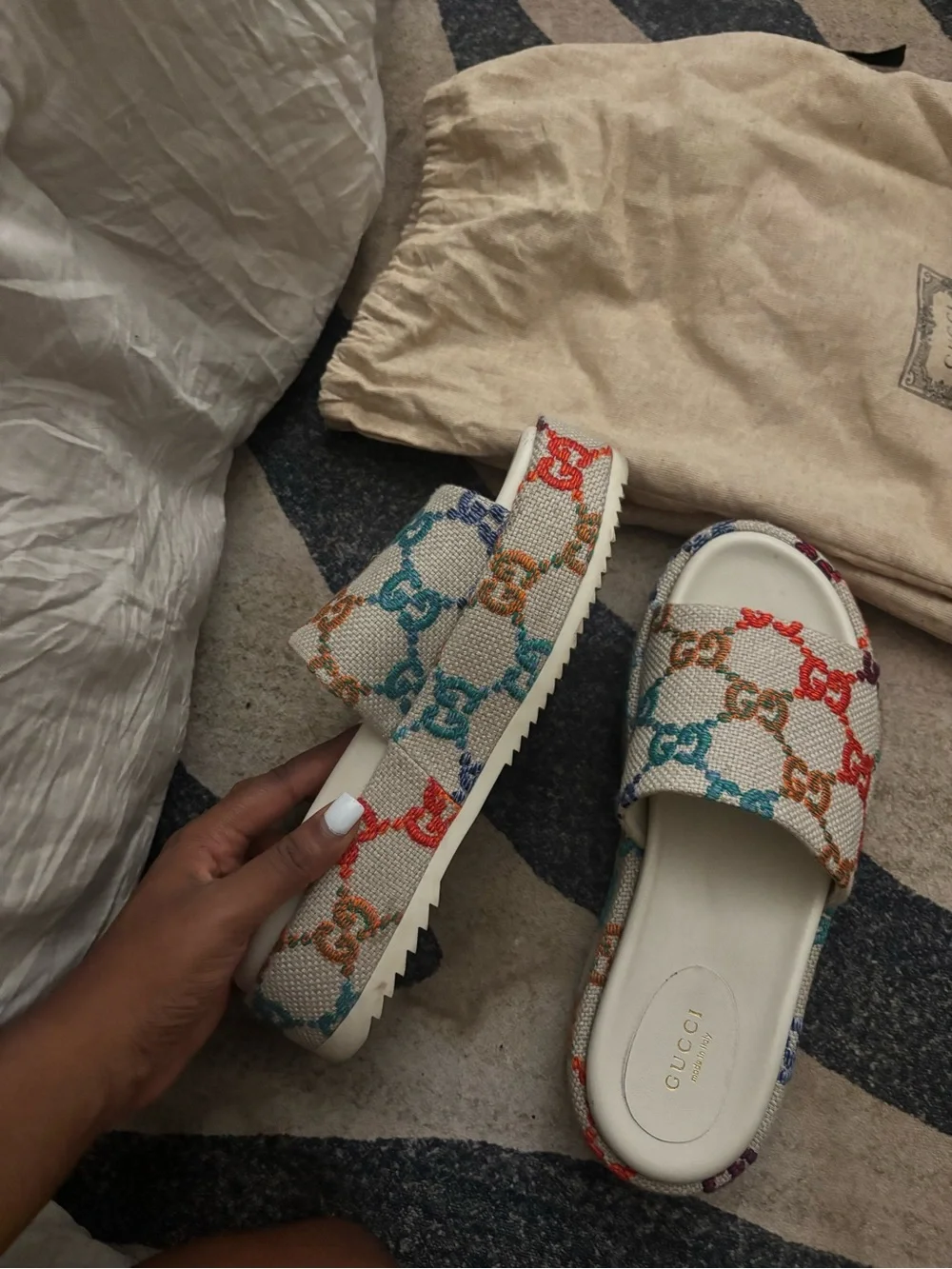 Gucci Multicolor GG Logo Canvas Slide Sandals - White Base